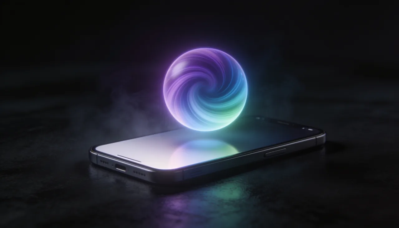 KI-Sprachassistent als leuchtende Sphäre über einem Smartphone – Apple Intelligence und die neue Siri