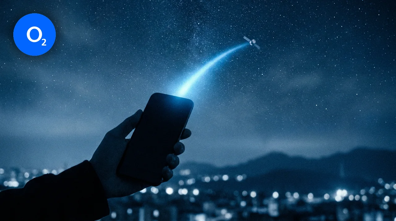 Hand hält ein Smartphone in den Sternenhimmel – Signalstrahl verbindet das Handy direkt mit Satelliten im Orbit